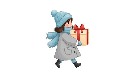 Festive Illustration A Child Carries a Wrapped Gift, Perfect for Holiday Designs