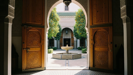 Obraz premium Open Moroccan Courtyard with Fountain and Traditional Wooden Doors
