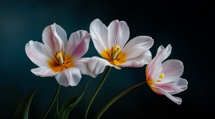 Three white flowers with yellow centers are arranged in a vase. The flowers are in a dark blue background