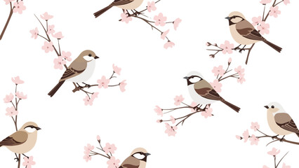 Charming Sparrows Perched on Delicate Cherry Blossom Branches in a Repeating Pattern