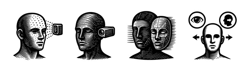 Face recognition and identity vintage engraving icons set, human head profiles