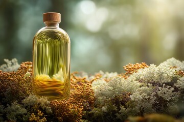 Golden elixir in glass bottle resting amongst lush moss and berries, perfect for natural skincare, aromatherapy, and holistic wellness product promotion