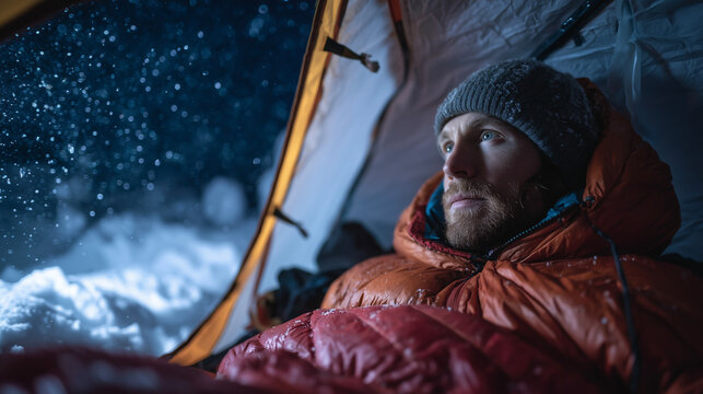 on a snowy winter night, a man lay in a tent