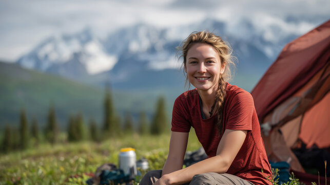 young girls camping outdoors at the foot of a snow-capped mountain - Powered by Adobe