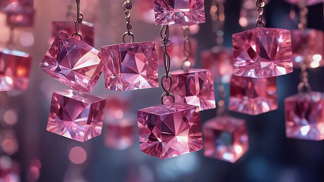 Elegant Pink Crystal Cubes Hanging in a Softly Lit Space.