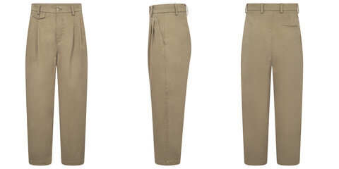 Stylish khaki pleated trousers isolated on white background front side and back views