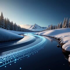 A futuristic digital river of glowing blue data streams flowing through a pristine, snow-covered mountain landscape at dawn