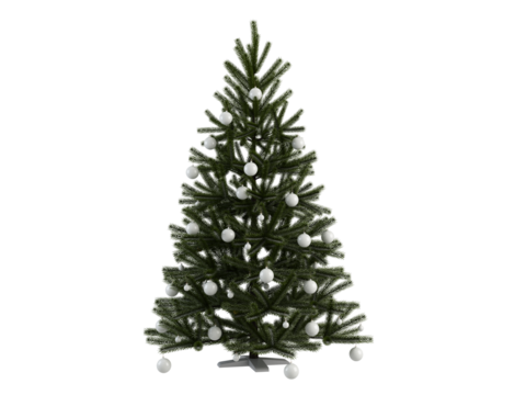 Christmas tree with white ornaments and black metal base