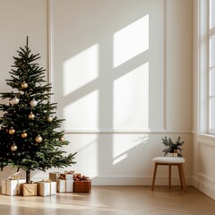 Serene holiday morning scene with a beautifully decorated Christmas tree and gifts bathed in natural sunlight within a chic, minimalist home interior