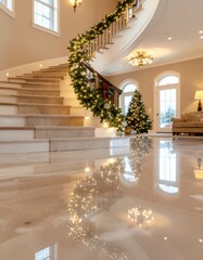 Opulent holiday elegance in a luxurious foyer featuring a grand staircase adorned with Christmas garland and lights reflecting on a polished marble floor