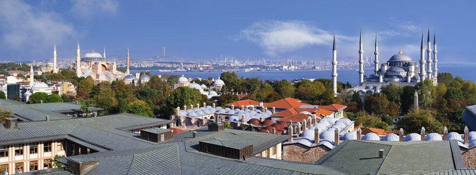 Panorama over Haghia Sophia and Sultan Ahmnet Mosque, Istanbul, Turkey