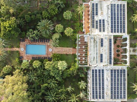 Vertical view of the Hurricane Hotel near Tarifa. Aerial view. Drone shot. C&aacute;diz province, Andalusia, Spain