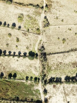 Fallow land. Aerial view. Drone shot. Granada province, Andalusia, Spain