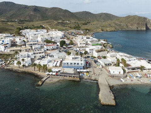 The fishing village of La Isleta del Moro. Aerial view. Drone shot. Nature Reserve Cabo de Gata-Nijar, Almer&iacute;a province, Andalusia, Spain