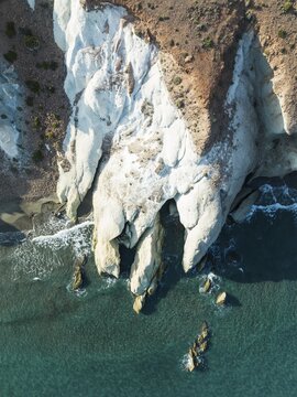 Tuff at the shore of the Mediterranean Sea. Aerial view. Drone shot. Nature Reserve Cabo de Gata-Nijar, Almer&iacute;a province, Andalusia, Spain