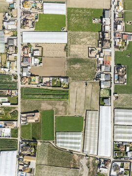 The semi rural district of La Algaida with its cultivated fields next to Sanl&uacute;car de Barrameda. Aerial view. Drone shot. C&aacute;diz province, Andalusia, Spain