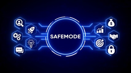 Central circle with S A F E M O D E text surrounded by glowing blue hexagonal icons representing business concepts on a dark blue background