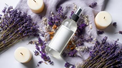 Lavender spray, candles, blooms