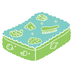 Illustration of cleaning sponge with brush and bubbles for hygiene cleaning concept