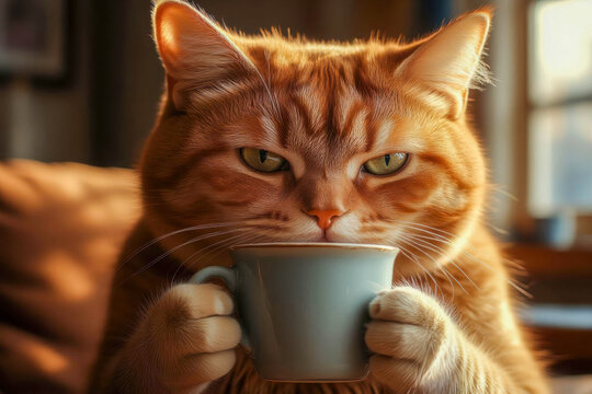 Close-up of a ginger tabby cat with yellow eyes drinking from a cup in the warm light of a window - Powered by Adobe