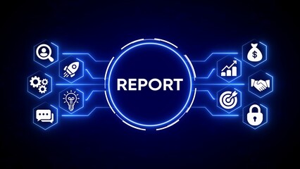 Central circle with word R E P O R T surrounded by glowing blue lines connecting to hexagonal icons representing business and technology concepts