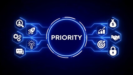 Central circle with word P R I O R I T Y surrounded by glowing blue hexagonal icons representing business concepts on dark blue background