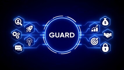 Central circular graphic with the word G U A R D surrounded by hexagonal icons representing business concepts on a dark blue digital background