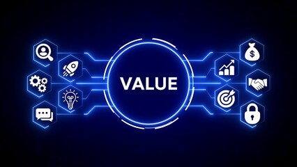Digital concept of value with interconnected icons representing business growth and success on a dark blue background