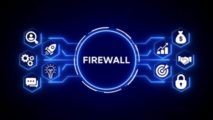 Digital firewall concept with glowing blue circuit lines and business icons on dark background security