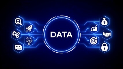 Digital data network with glowing icons for business strategy finance and technology on dark blue background