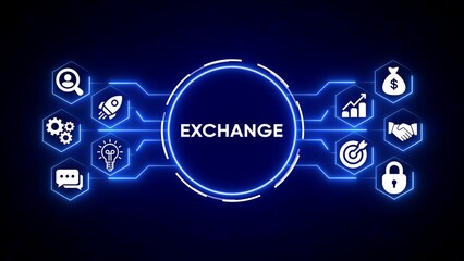 Digital exchange concept with glowing neon icons for business finance and technology on dark blue background