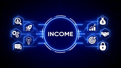 Digital income concept with glowing neon icons for business growth and success on dark blue background