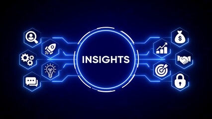 Digital network connecting icons for insights research growth success and security on dark blue background