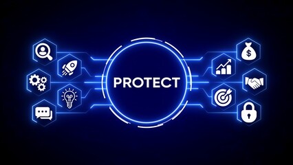 Digital network connecting icons for protection business growth and security with central word P R O T E C T