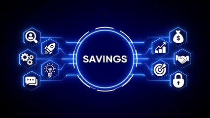 Digital network connecting icons for savings growth investment security and ideas on dark blue background