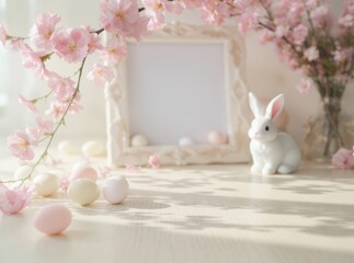 Elegant Easter table surface photography collection from multiple angles – frontal, three-quarter, top-down, side view – with generous empty central space on the table, delicate spring decorations onl