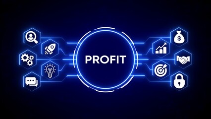Digital network connecting profit icons including money bag graph handshake target lock rocket lightbulb gears and search magnifying glass on dark blue background