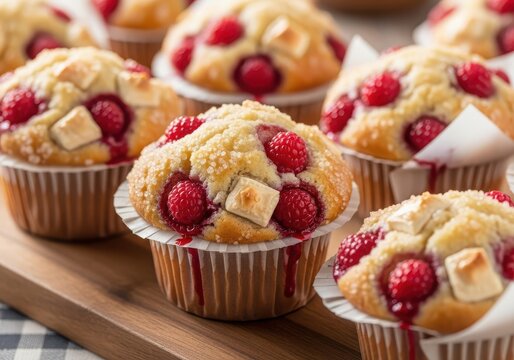 Delicious homemade raspberry and white chocolate chip muffins baked in paper liners arranged on a wooden board - Powered by Adobe