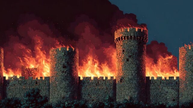 Pixel art castle towers burning in night battle
