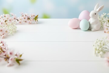 Elegant Easter table surface photography collection from multiple angles – frontal, three-quarter, top-down, side view – with generous empty central space on the table, delicate spring decorations onl