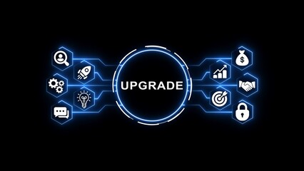 Digital upgrade concept with glowing blue circuit lines connecting various white icons on black background