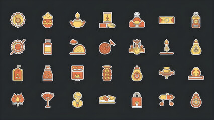 Vibrant collection of flat design icons featuring traditional Indian festival elements, including lamps, sweets, and offerings, perfect for cultural celebrations and festive designs