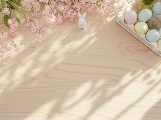 Elegant Easter table surface photography collection from multiple angles – frontal, three-quarter, top-down, side view – with generous empty central space on the table, delicate spring decorations onl