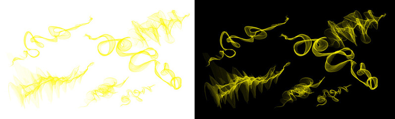 Abstract yellow light trails and stylized shapes on a black and white checkered background design