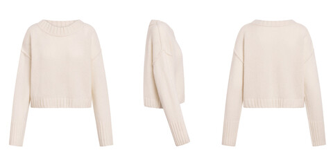 Ivory knitwear cropped jumper featuring front side and back isolated