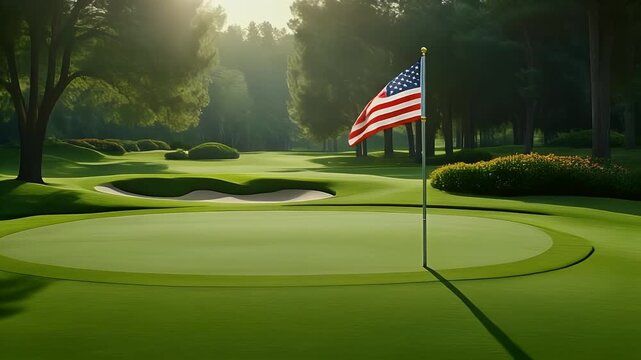 Golf Course Green with American Flag and Lush Landscape.