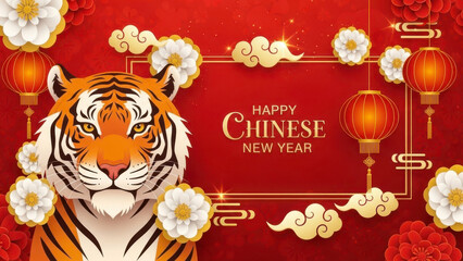 Happy chinese new year greeting card design featuring a detailed illustration of a tiger face surrounded by traditional red lanterns, white flowers, and golden cloud motifs on a vibrant red background