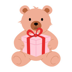 Cute teddy bear. Cartoon plush bear animal holding gift box with red bow for Valentines day greeting card, love romantic holiday toy gift. Vector illustration