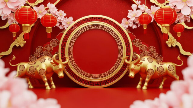 Festive chinese new year background with golden ox statues flanking a central circular frame, decorated with red lanterns and cherry blossoms, symbolizing prosperity