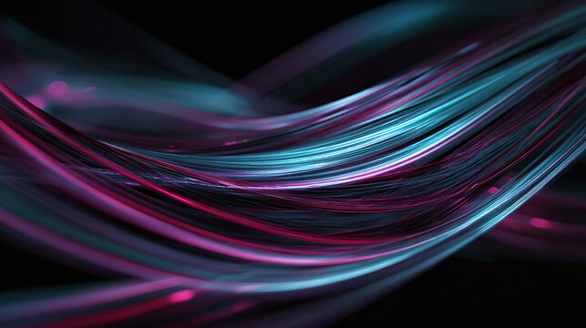 Abstract, flowing lines of blue and purple light against a black backdrop. The image creates a sense of movement and energy
